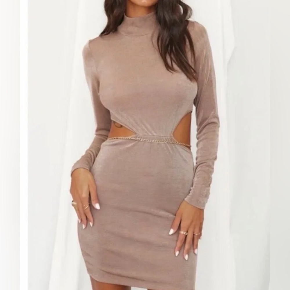 12th Tribe Taupe Gold Chain Long Sleeve Cut-Out Mini Dress